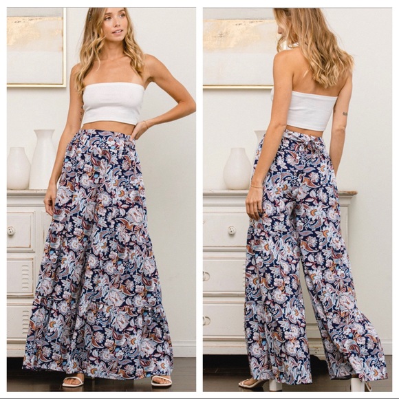 #09 Hippie Boho Chic Wide Leg Floral Pants With Ruffle Tier - Picture 3 of 5